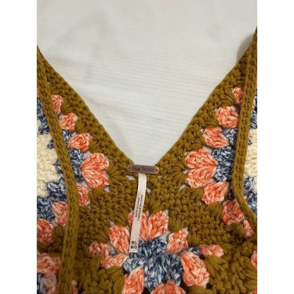 Free People Summer Of Love Crochet Hippie Boho Granny Square Tank Top Sz M/L